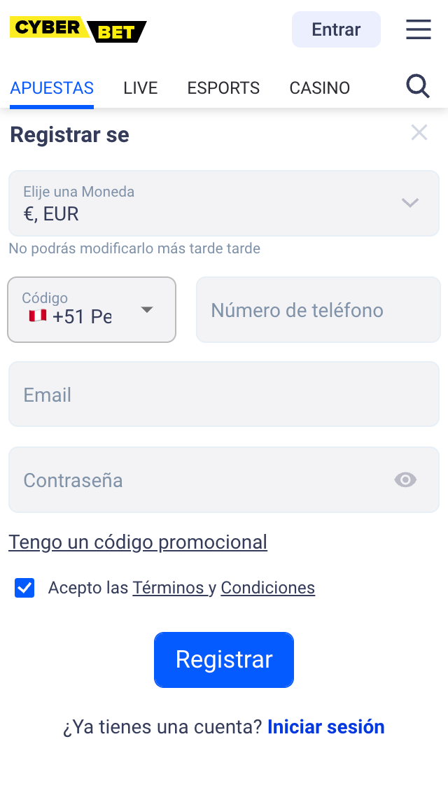 Cyber.bet Perú - Registro