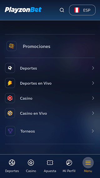 PlayzonBet Perú Menú Móvil