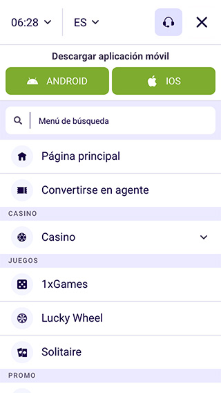 1xCasino Menú Móvil