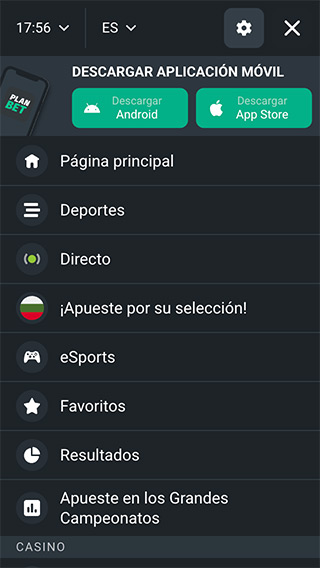 Planbet Perú Móvil Menú